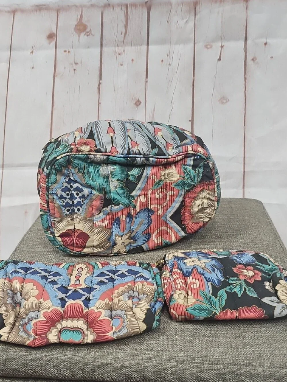 totes Floral Quilted Cosmetic Bag Set - Blue, Red, Cream